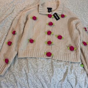 Embroidered Cream Sweater with Pink Accents